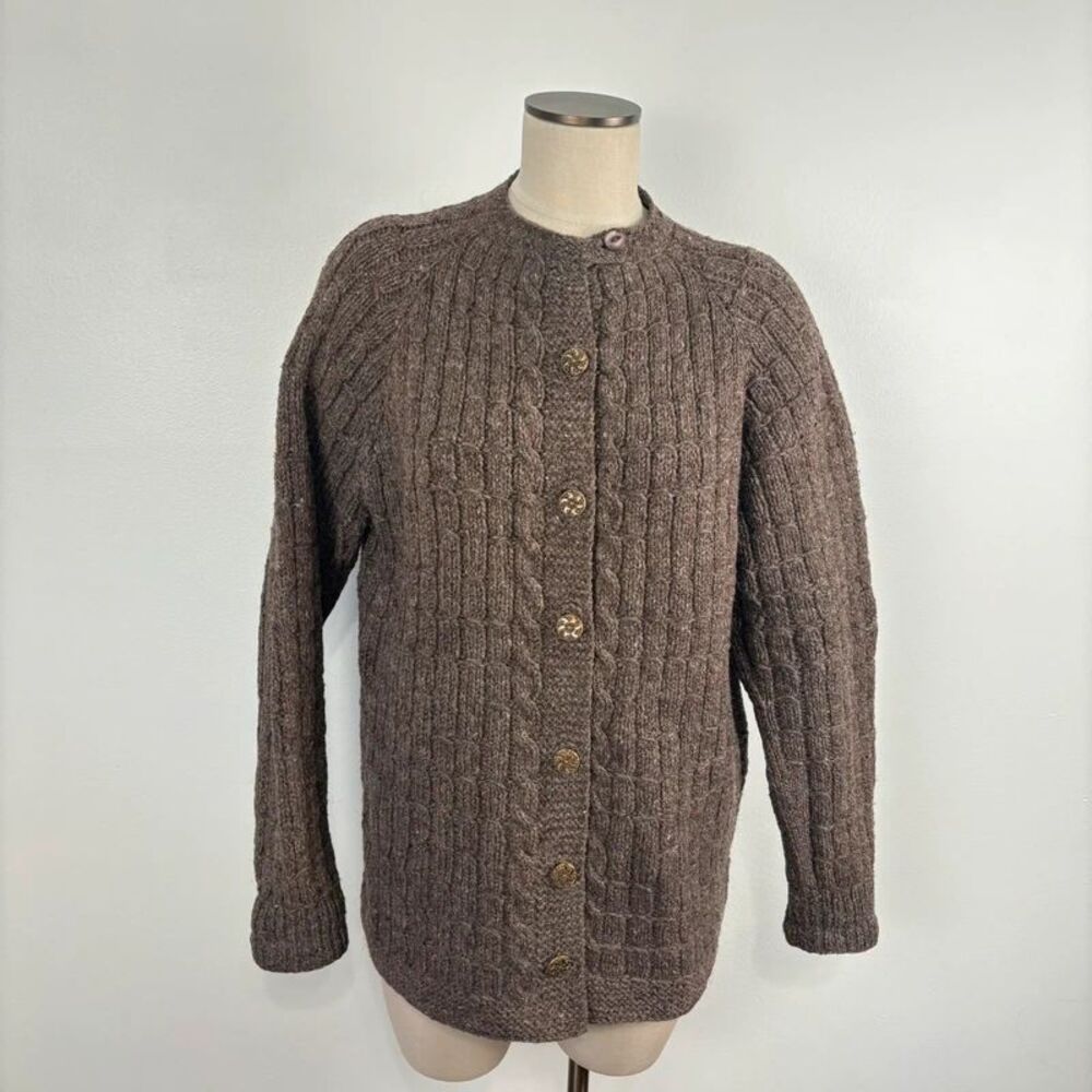 VTG Hand Knit Wool Cardigan Sweater Womens L Brown Chunky Cable Knit Buttons